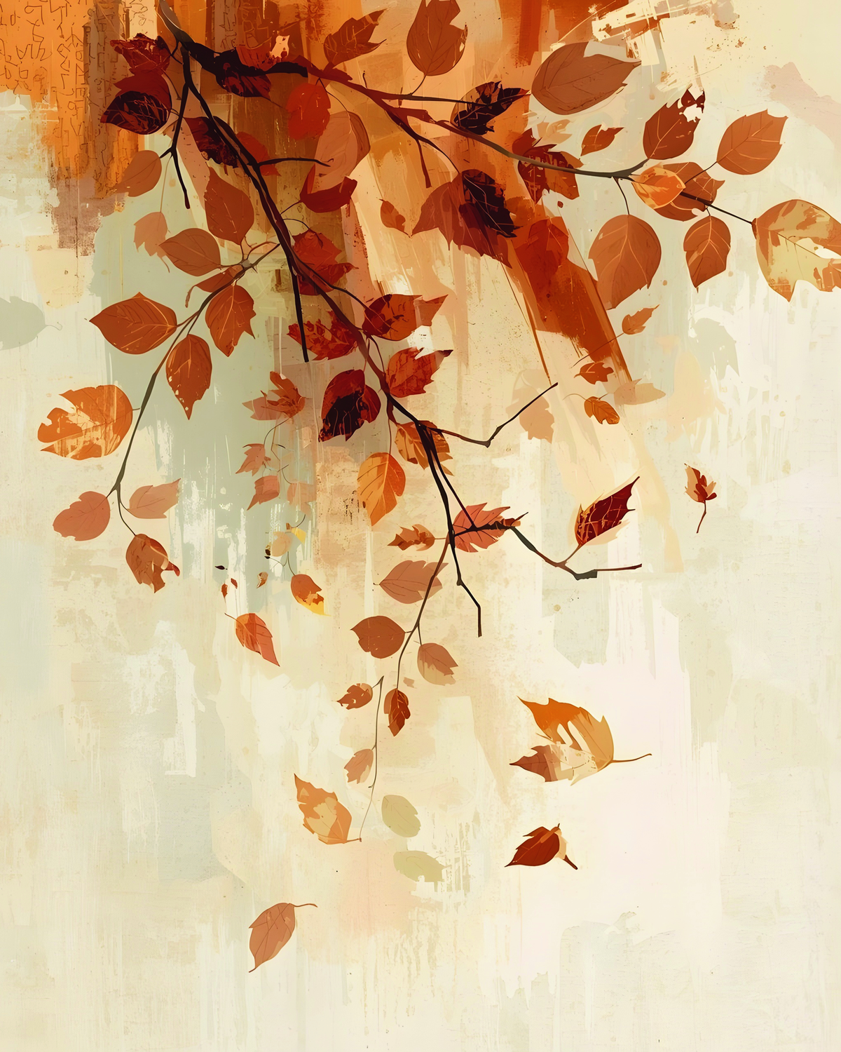 Autumn Drift abstract botanical wall art with cascading rust, orange and amber leaves on a soft cream textured background