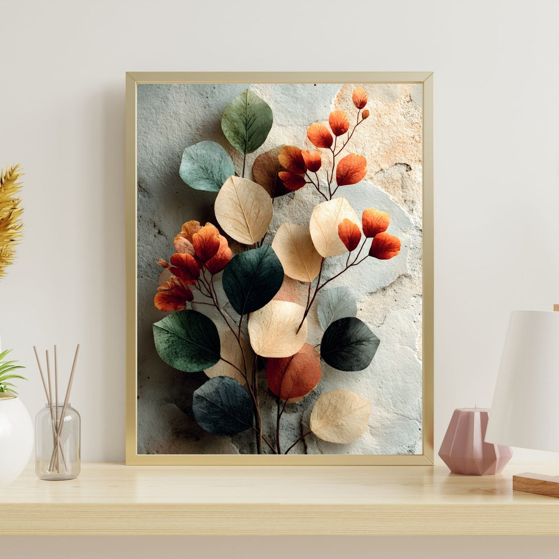 Framed terracotta and sage abstract wall art print on a console table, Vistello Prints Abstract and Contemporary collection