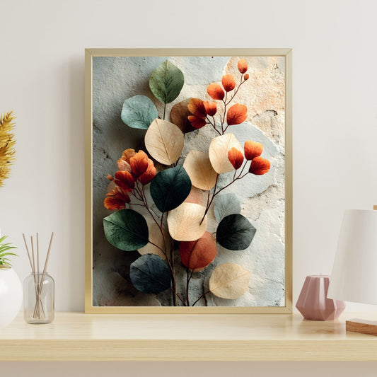 Framed terracotta and sage abstract wall art print on a console table, Vistello Prints Abstract and Contemporary collection