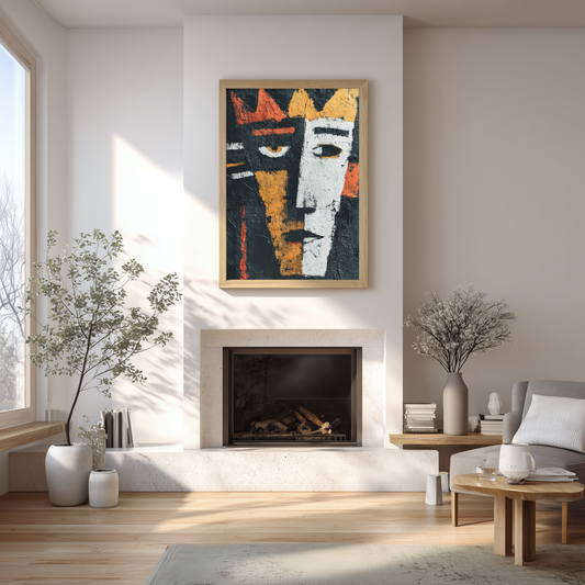 Printable wall art bold portrait print displayed above fireplace in a modern UK living room interior design instant download