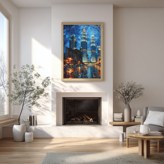 Framed city wall art print hung above a fireplace in a modern living room UK home