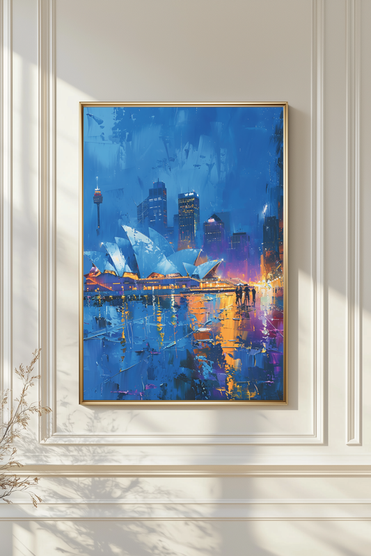 Twilight cityscape wall art print, framed on a living room wall, from Vistello Prints City and Travel collection