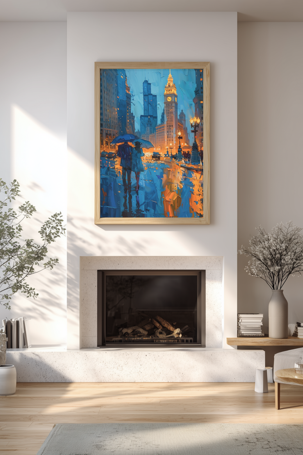 Framed printable wall art above living room fireplace showing ideal wall art size and placement UK home decor guide