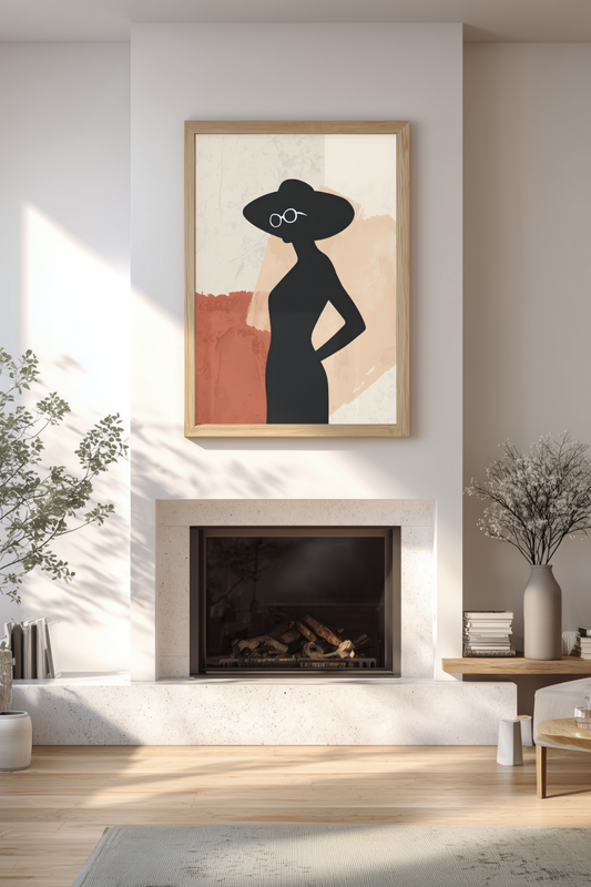 Printable portrait wall art displayed in gold frame above fireplace in a minimal UK living room gallery wall