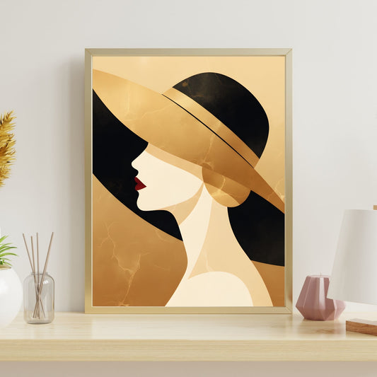 Framed gold and black art deco silhouette portrait wall art print on a console table, Vistello Prints Portrait and Figure collection