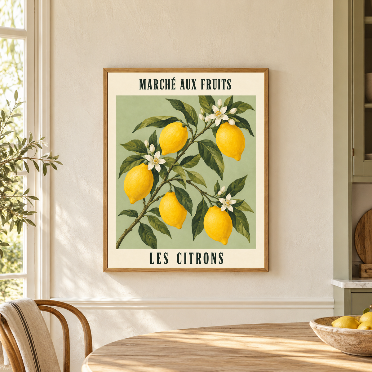 French Lemon Market lemon poster with green leaves, white blossoms and French lettering in a light oak frame above a breakfast table beside a window.