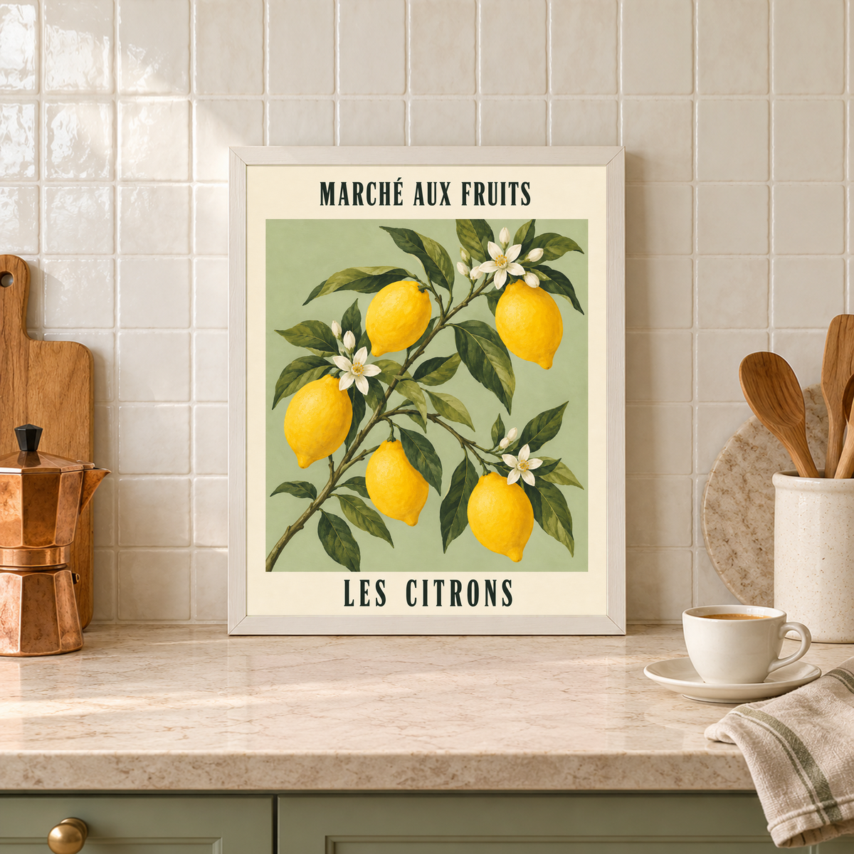 French Lemon Market botanical lemon poster in an ivory frame on a cream kitchen counter against square tiles, beside a copper coffee pot and espresso cup.