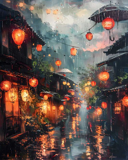 Kyoto Rain at Lantern Hour Printable Wall Art | Instant Download