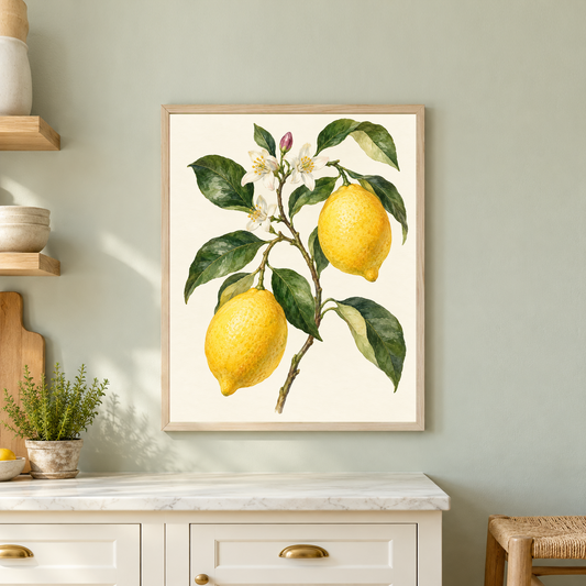 Lemon Blossom Study with yellow lemons and white flowers in an ash frame above a marble counter on a sage kitchen wall.