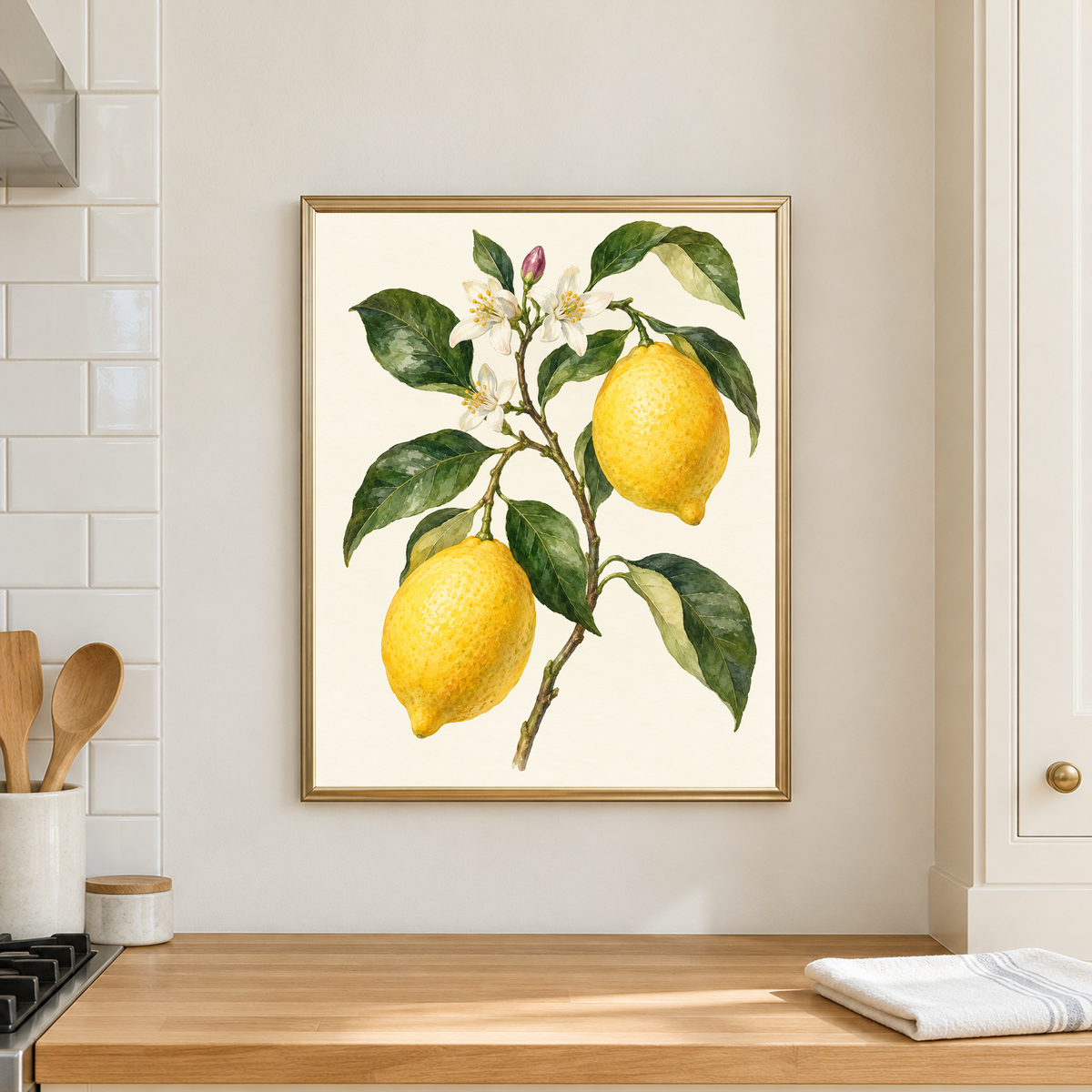 Lemon Blossom Study botanical lemon art in a champagne frame above a wood kitchen counter beside white cabinets.