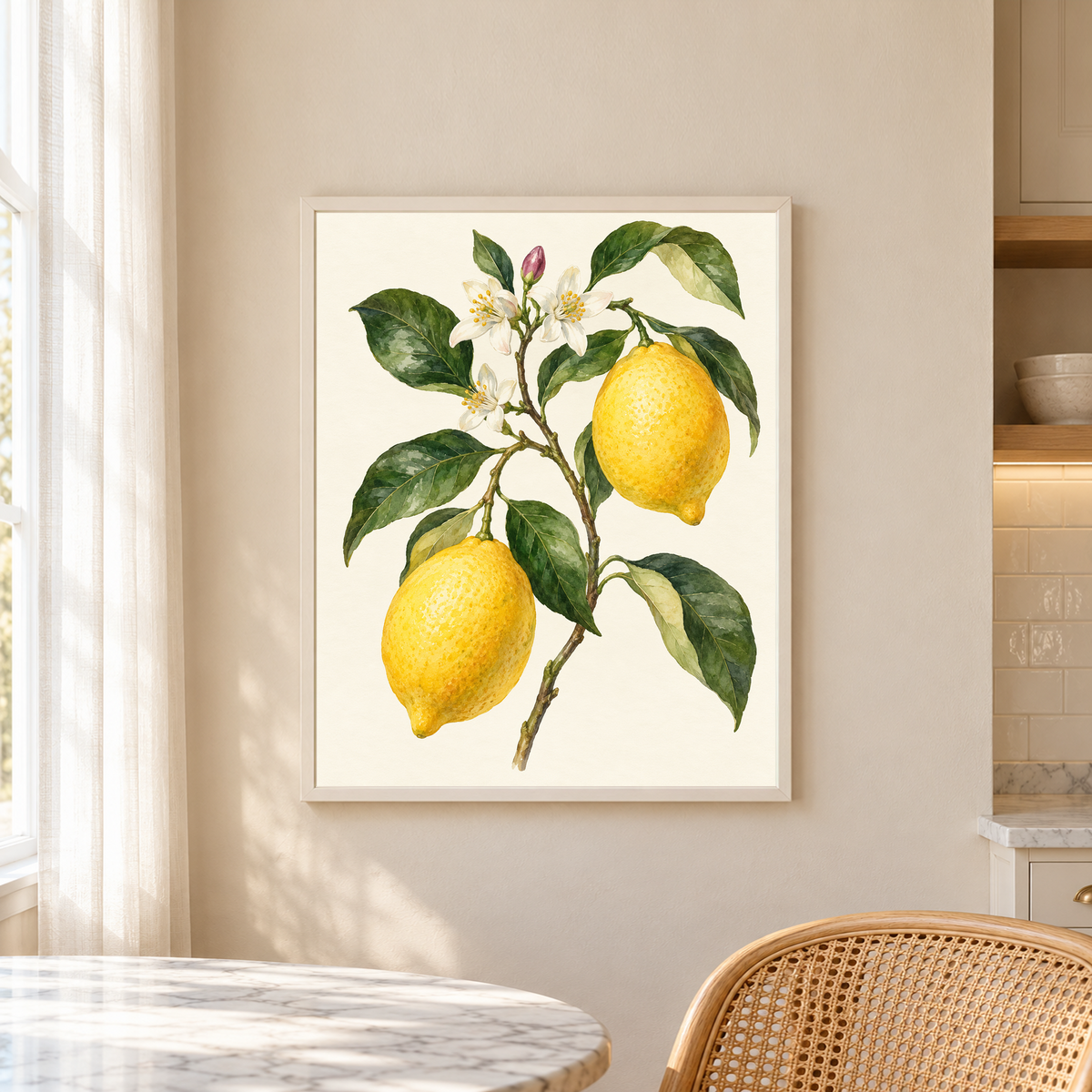 Lemon Blossom Study with lemons and blossoms in an ivory frame beside a woven chair in a bright breakfast nook.