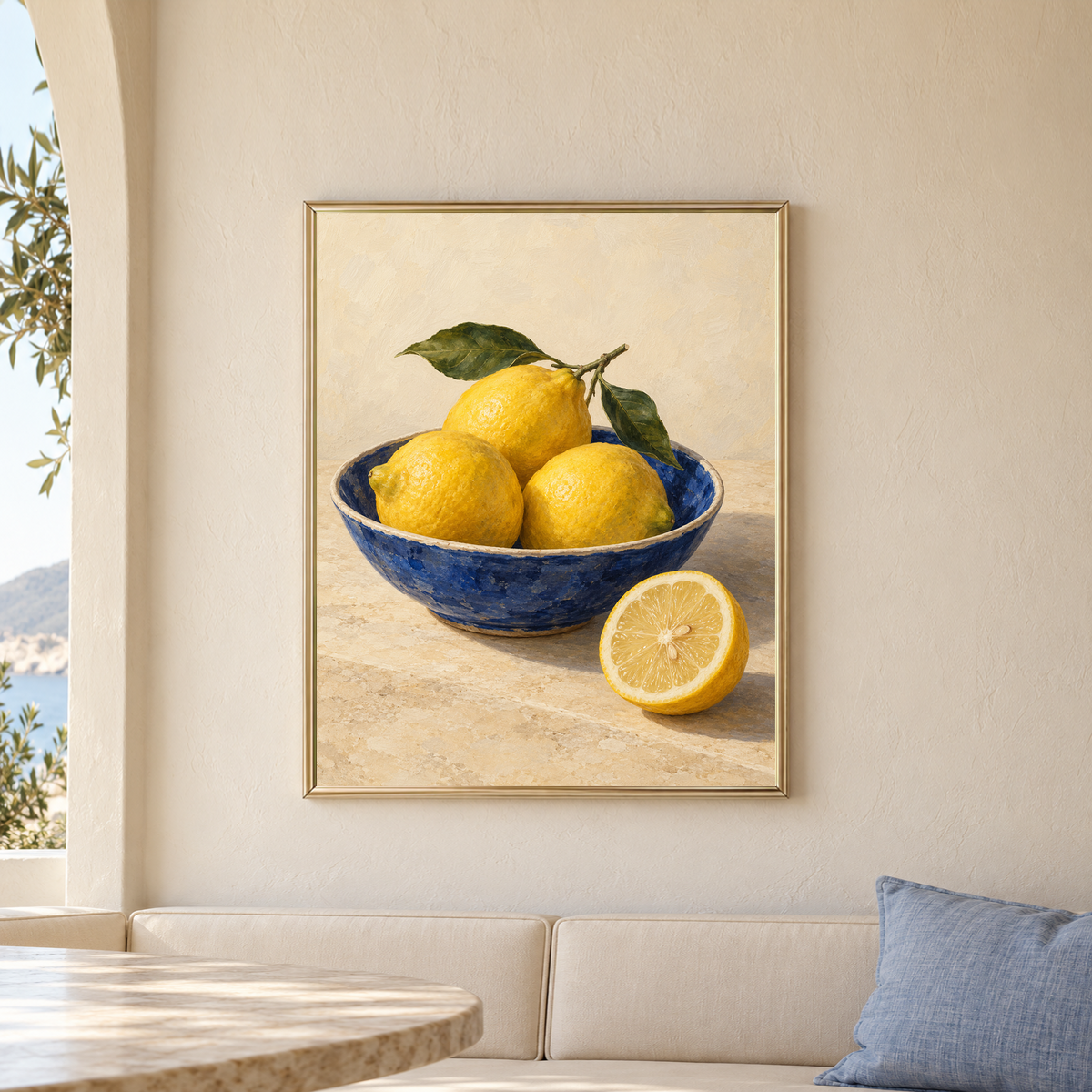 Lemon Bowl in Blue still life with golden lemons, green leaves and a cut lemon in a champagne frame above a cream breakfast bench beside a sunlit window.