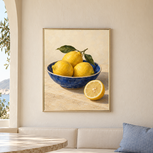 Lemon Bowl in Blue still life with golden lemons, green leaves and a cut lemon in a champagne frame above a cream breakfast bench beside a sunlit window.
