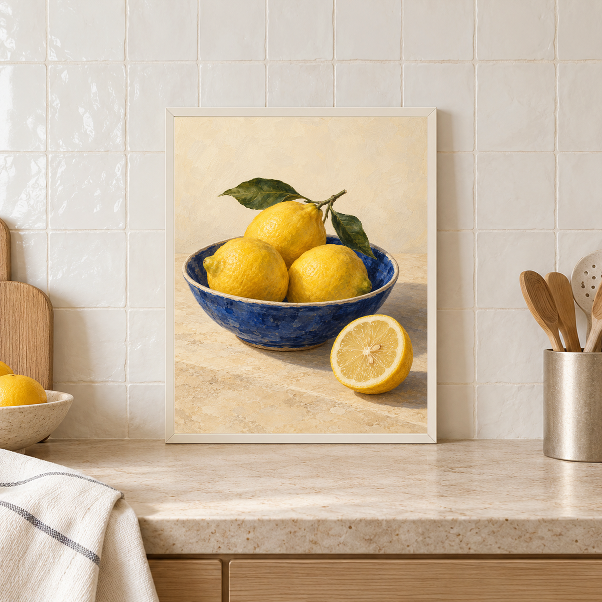 Lemon Bowl in Blue still life in an ivory frame on a pale limestone kitchen counter against cream tiles, with a blue bowl of lemons and a cut lemon in the artwork.