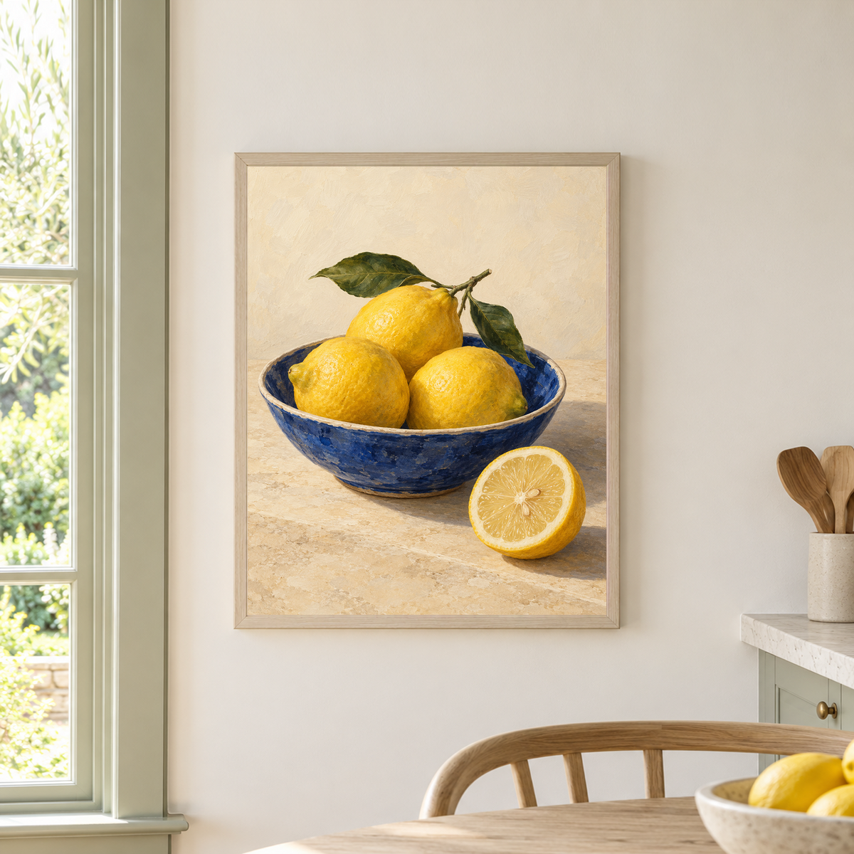 Lemon Bowl in Blue fruit still life in a pale ash frame beside a kitchen window, above a wooden dining chair with green branches and utensils on the nearby counter.