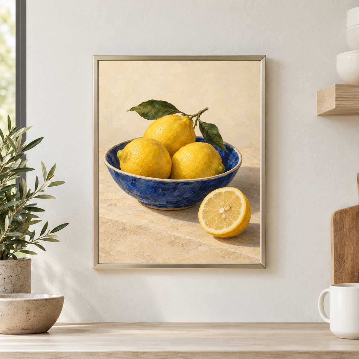 Close view of Lemon Bowl in Blue in a nickel frame on a light kitchen wall, with a complete blue bowl and yellow lemon composition above a pale counter and ceramic cup.