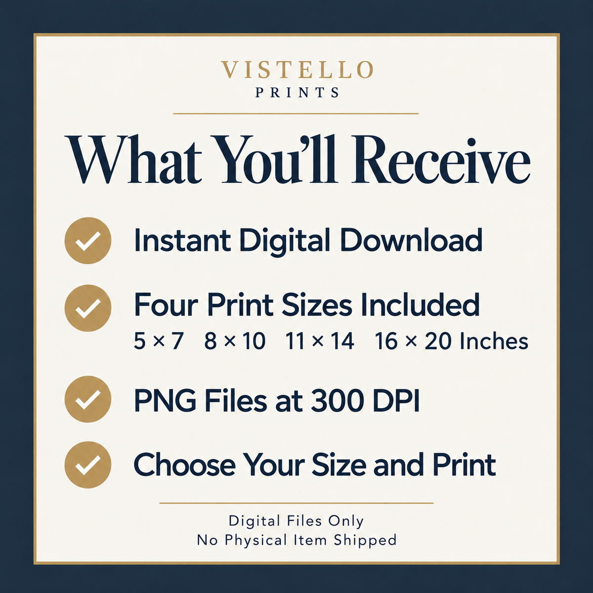 Vistello Prints download card stating that one artwork includes four PNG files at 300 DPI in 5 x 7, 8 x 10, 11 x 14 and 16 x 20 inch sizes. No physical item is shipped.